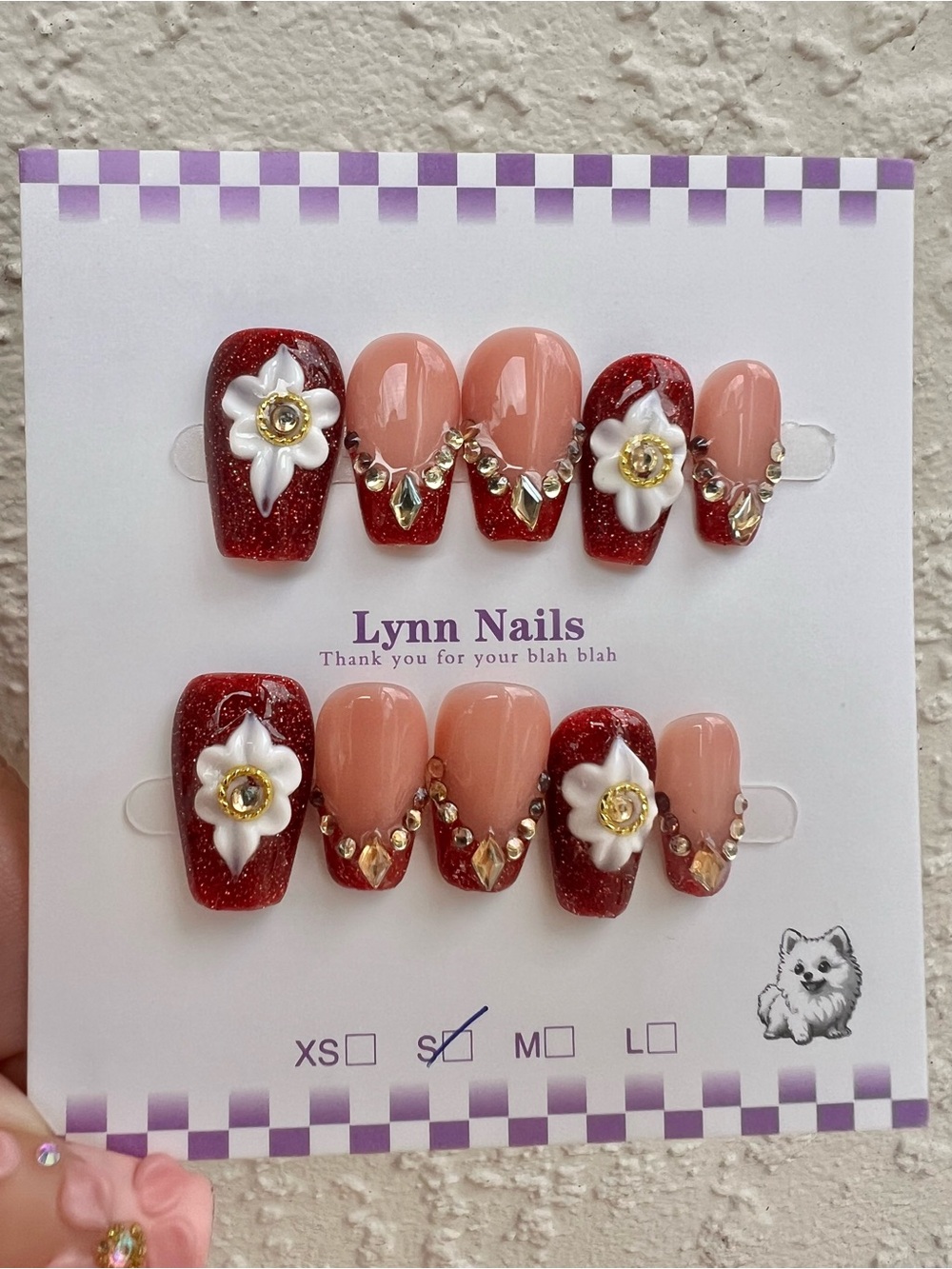 Handmade Press On Nails Red Tips Bling Flowers Size Small Set of 10